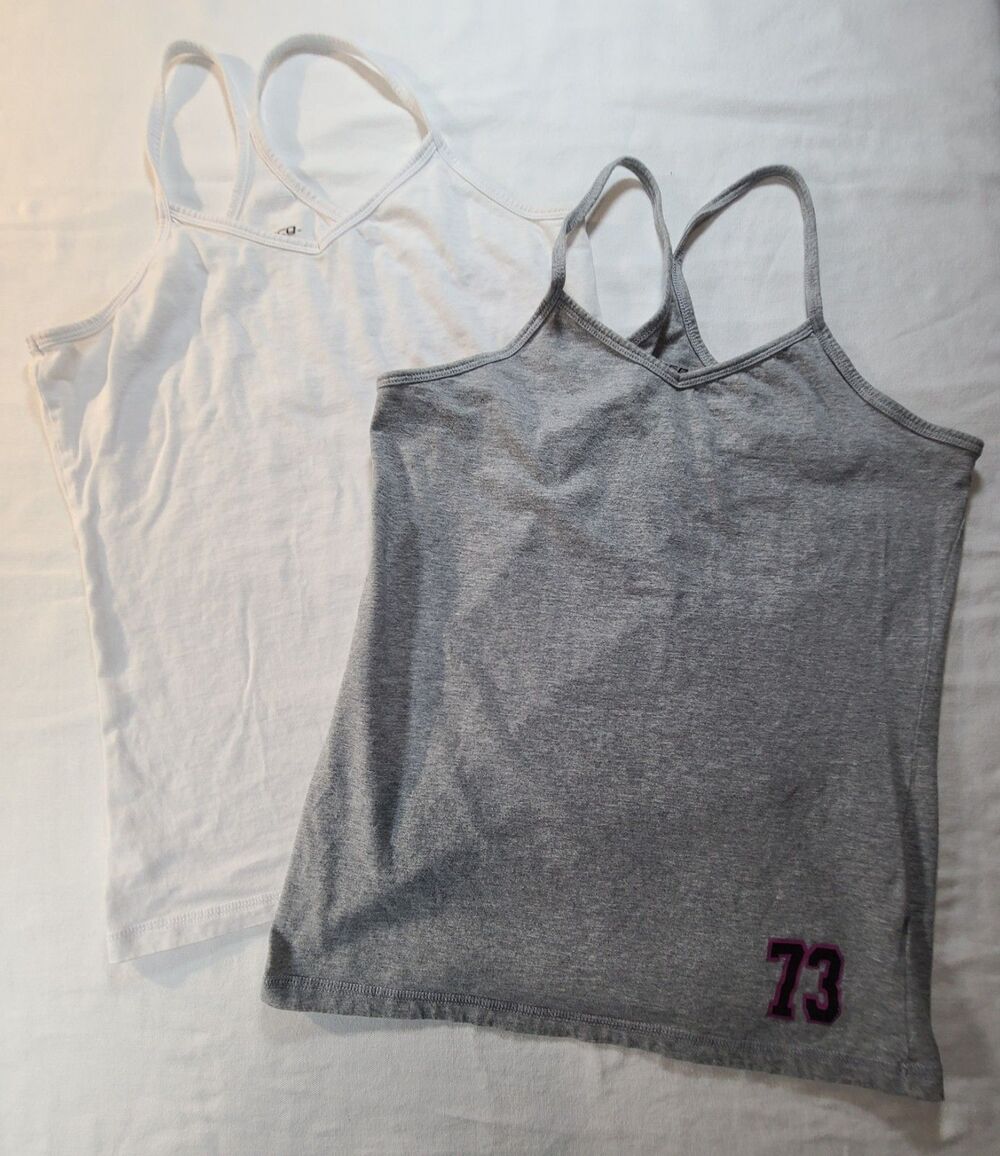 BCG Tank Tops Women Medium 2-Pack Gray White Spaghetti Strap Athletic Cotton